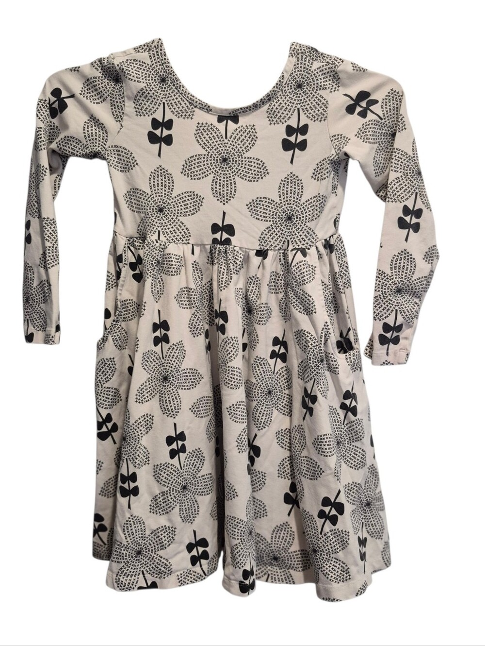 Hanna Andersson Skater Floral Dress With Pockets Kids Size 6-7 120cm Cream Black
